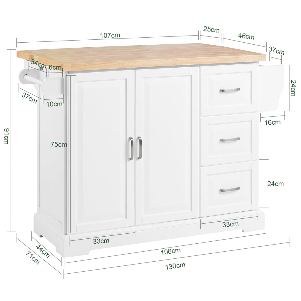SoBuy FKW41-II-WN Îlot de Cuisine Mobile – Plan Extensible 46–71 cm, 3 Tiroirs, Armoire, Blanc et Bois Naturel