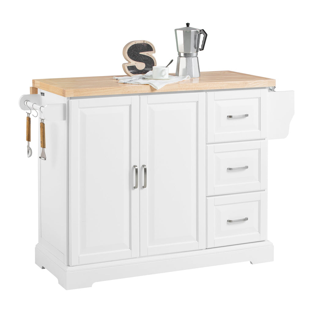 SoBuy FKW41-II-WN Îlot de Cuisine Mobile – Plan Extensible 46–71 cm, 3 Tiroirs, Armoire, Blanc et Bois Naturel
