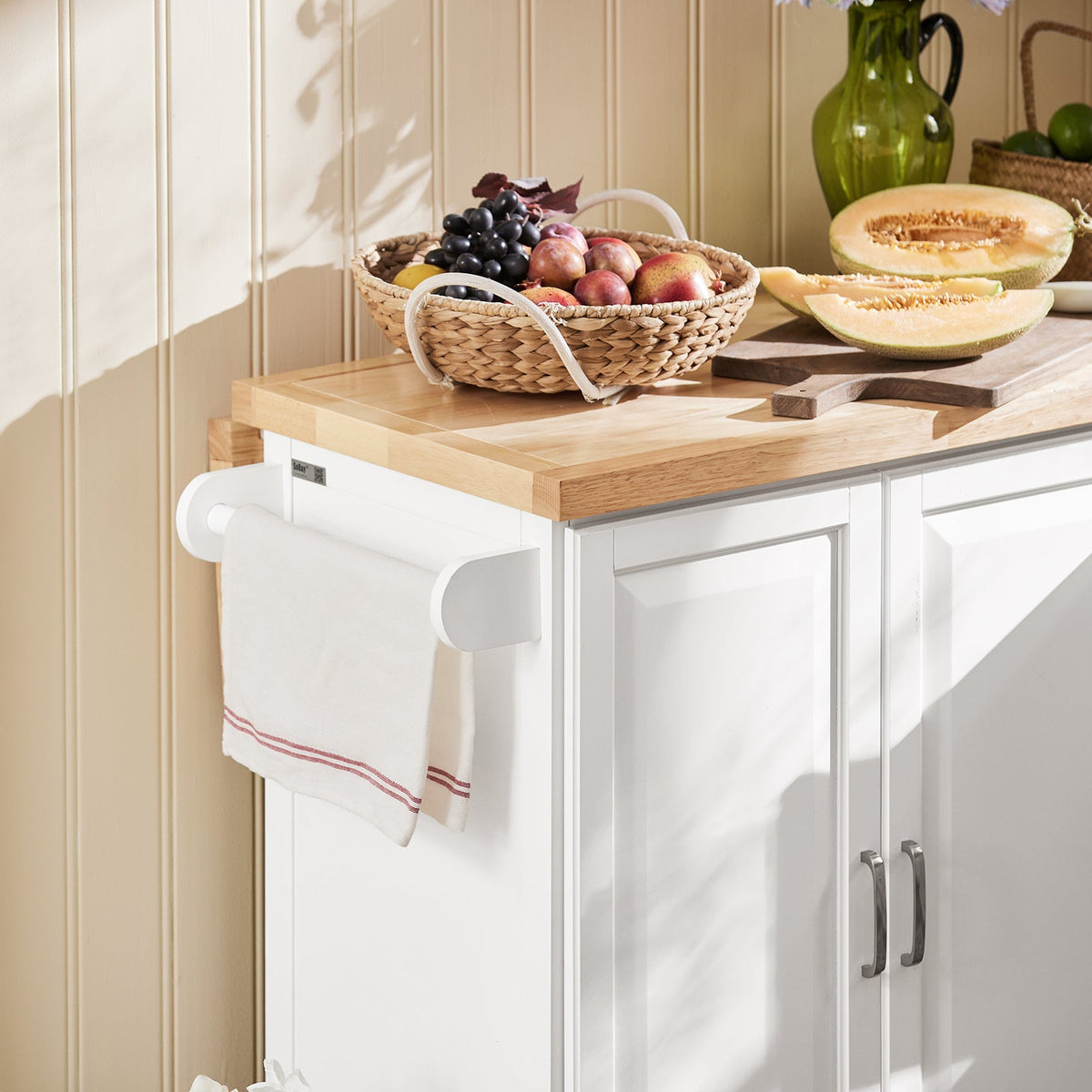 SoBuy FKW41-II-WN Îlot de Cuisine Mobile – Plan Extensible 46–71 cm, 3 Tiroirs, Armoire, Blanc et Bois Naturel