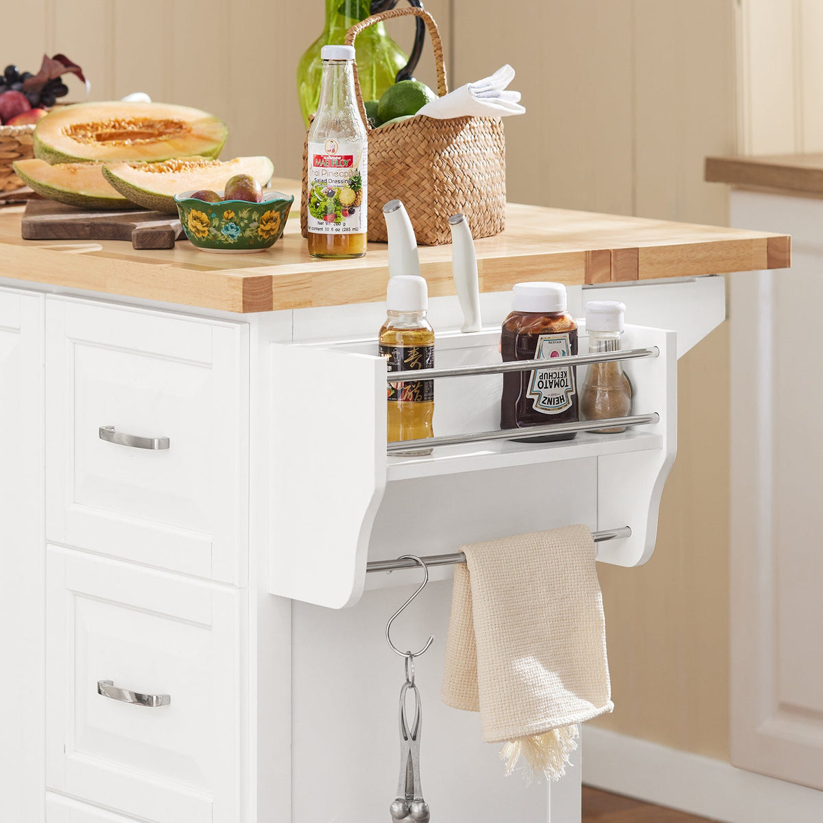 SoBuy FKW41-II-WN Îlot de Cuisine Mobile – Plan Extensible 46–71 cm, 3 Tiroirs, Armoire, Blanc et Bois Naturel