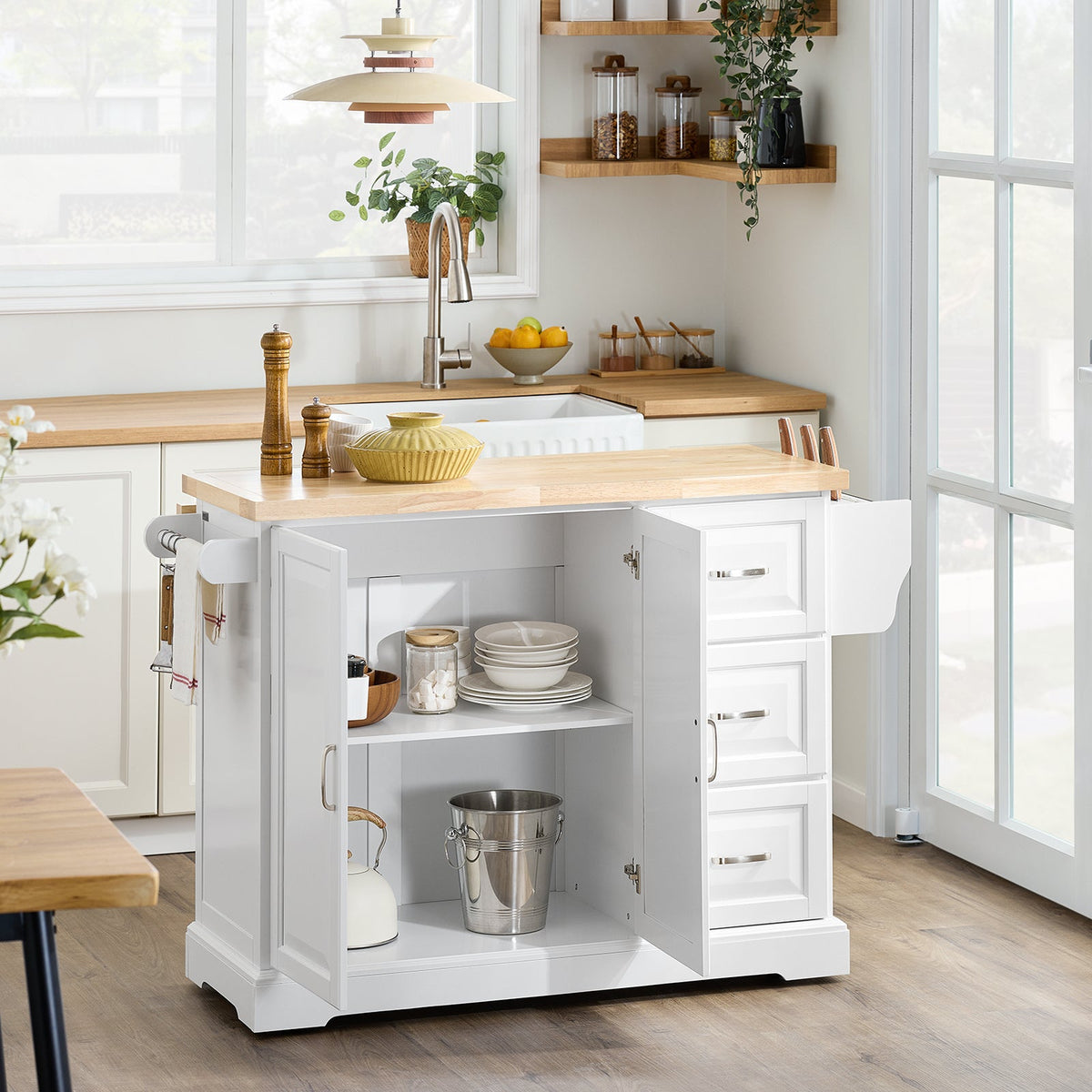 SoBuy FKW41-II-WN Îlot de Cuisine Mobile – Plan Extensible 46–71 cm, 3 Tiroirs, Armoire, Blanc et Bois Naturel