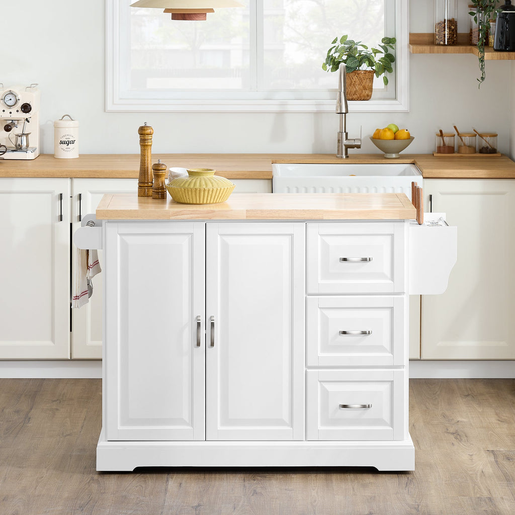 SoBuy FKW41-II-WN Îlot de Cuisine Mobile – Plan Extensible 46–71 cm, 3 Tiroirs, Armoire, Blanc et Bois Naturel
