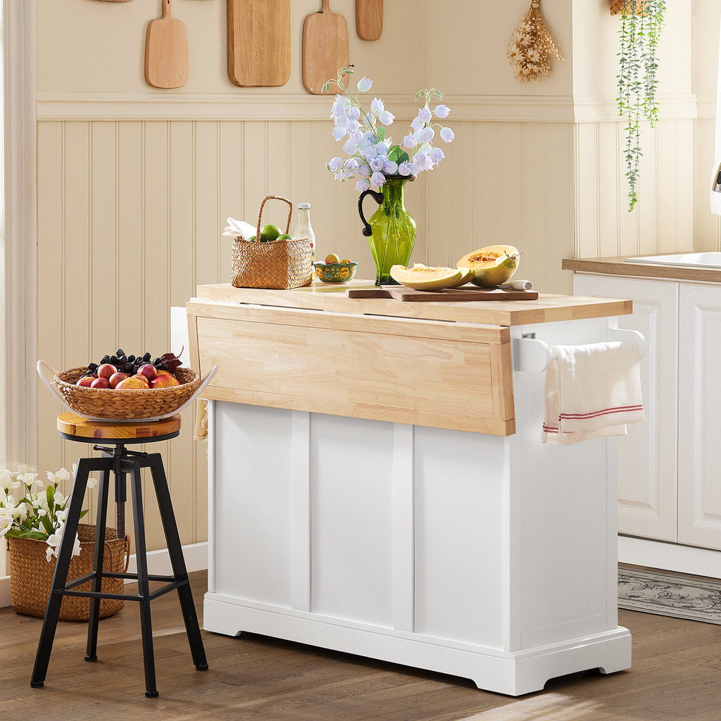 SoBuy FKW41-II-WN Îlot de Cuisine Mobile – Plan Extensible 46–71 cm, 3 Tiroirs, Armoire, Blanc et Bois Naturel