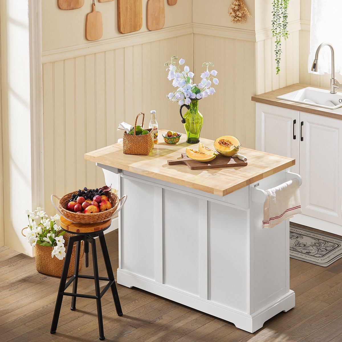 SoBuy FKW41-II-WN Îlot de Cuisine Mobile – Plan Extensible 46–71 cm, 3 Tiroirs, Armoire, Blanc et Bois Naturel