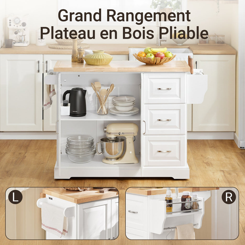 SoBuy FKW41-II-WN Îlot de Cuisine Mobile – Plan Extensible 46–71 cm, 3 Tiroirs, Armoire, Blanc et Bois Naturel