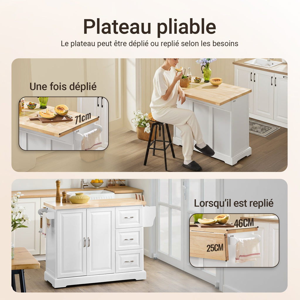 SoBuy FKW41-II-WN Îlot de Cuisine Mobile – Plan Extensible 46–71 cm, 3 Tiroirs, Armoire, Blanc et Bois Naturel