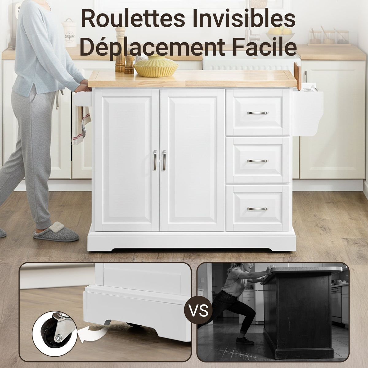 SoBuy FKW41-II-WN Îlot de Cuisine Mobile – Plan Extensible 46–71 cm, 3 Tiroirs, Armoire, Blanc et Bois Naturel