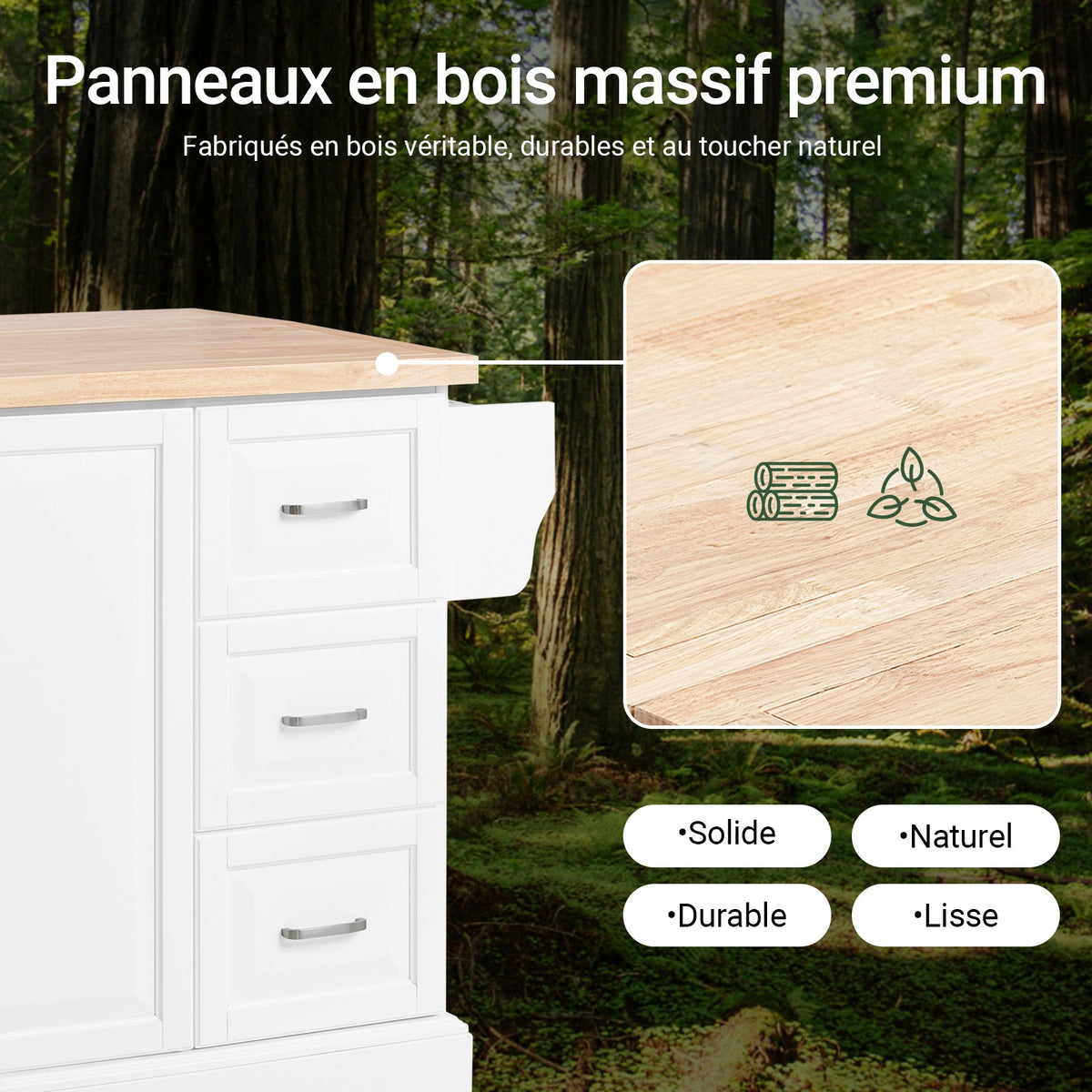 SoBuy FKW41-II-WN Îlot de Cuisine Mobile – Plan Extensible 46–71 cm, 3 Tiroirs, Armoire, Blanc et Bois Naturel