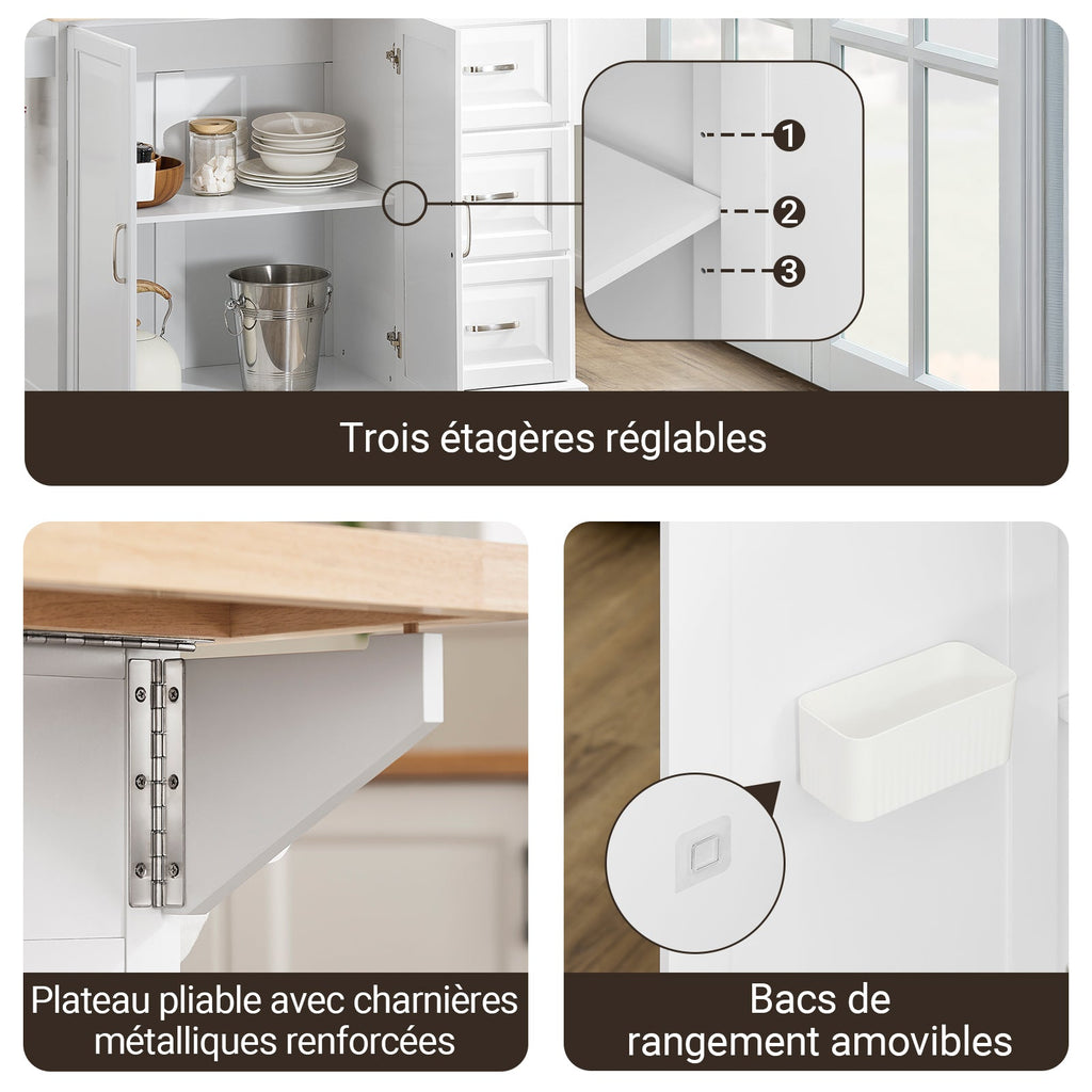SoBuy FKW41-II-WN Îlot de Cuisine Mobile – Plan Extensible 46–71 cm, 3 Tiroirs, Armoire, Blanc et Bois Naturel