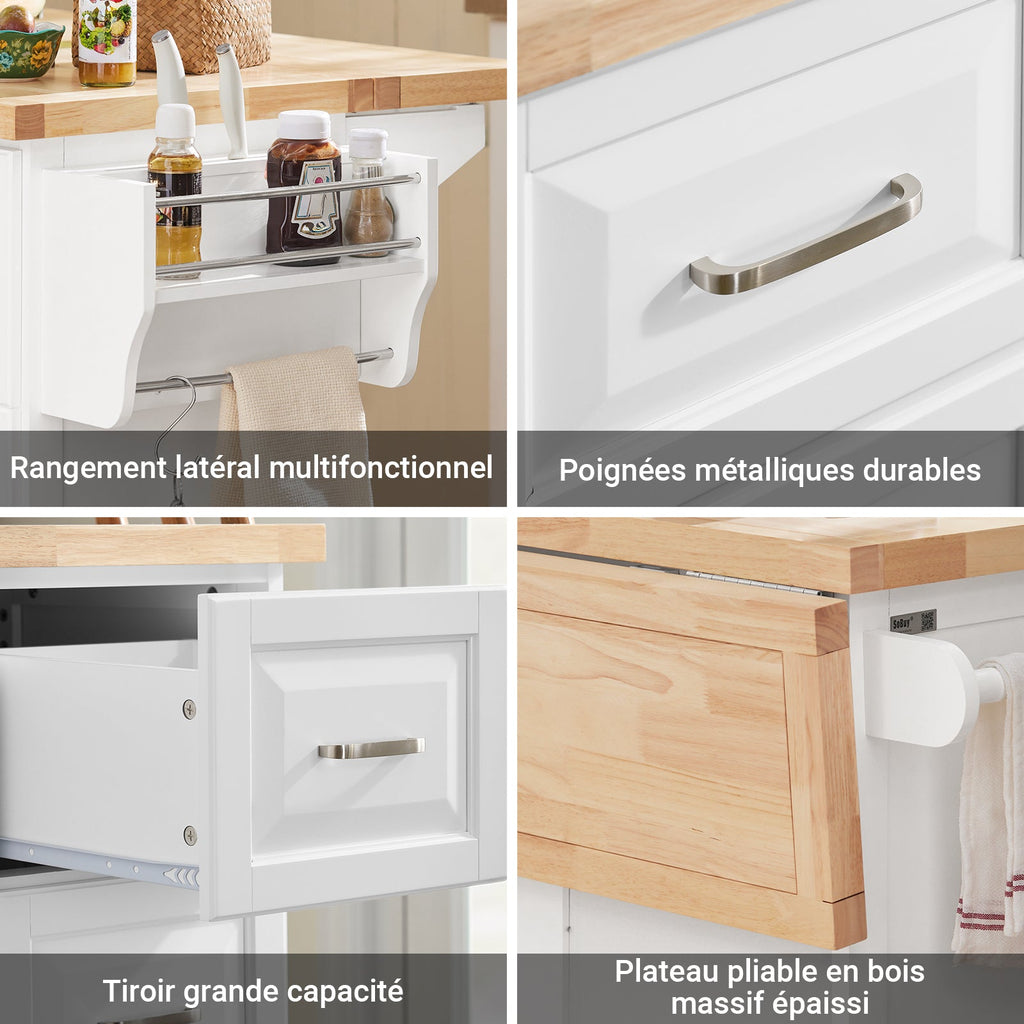 SoBuy FKW41-II-WN Îlot de Cuisine Mobile – Plan Extensible 46–71 cm, 3 Tiroirs, Armoire, Blanc et Bois Naturel