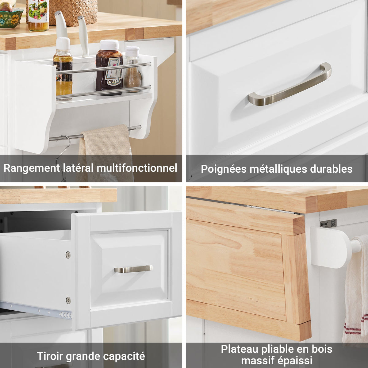 SoBuy FKW41-II-WN Îlot de Cuisine Mobile – Plan Extensible 46–71 cm, 3 Tiroirs, Armoire, Blanc et Bois Naturel