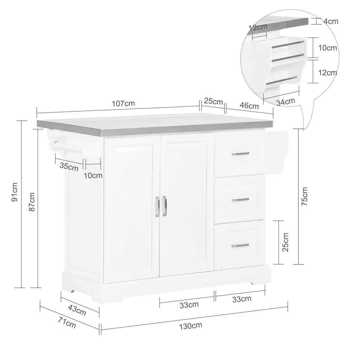 SoBuy FKW41-ST Desserte Cuisine avec Roulettes, Plan de Travail Extensible, 2 Tiroirs et Étagères Réglables, Mobile, Rangement Optimisé – L130×P46(+25)×H91 cm