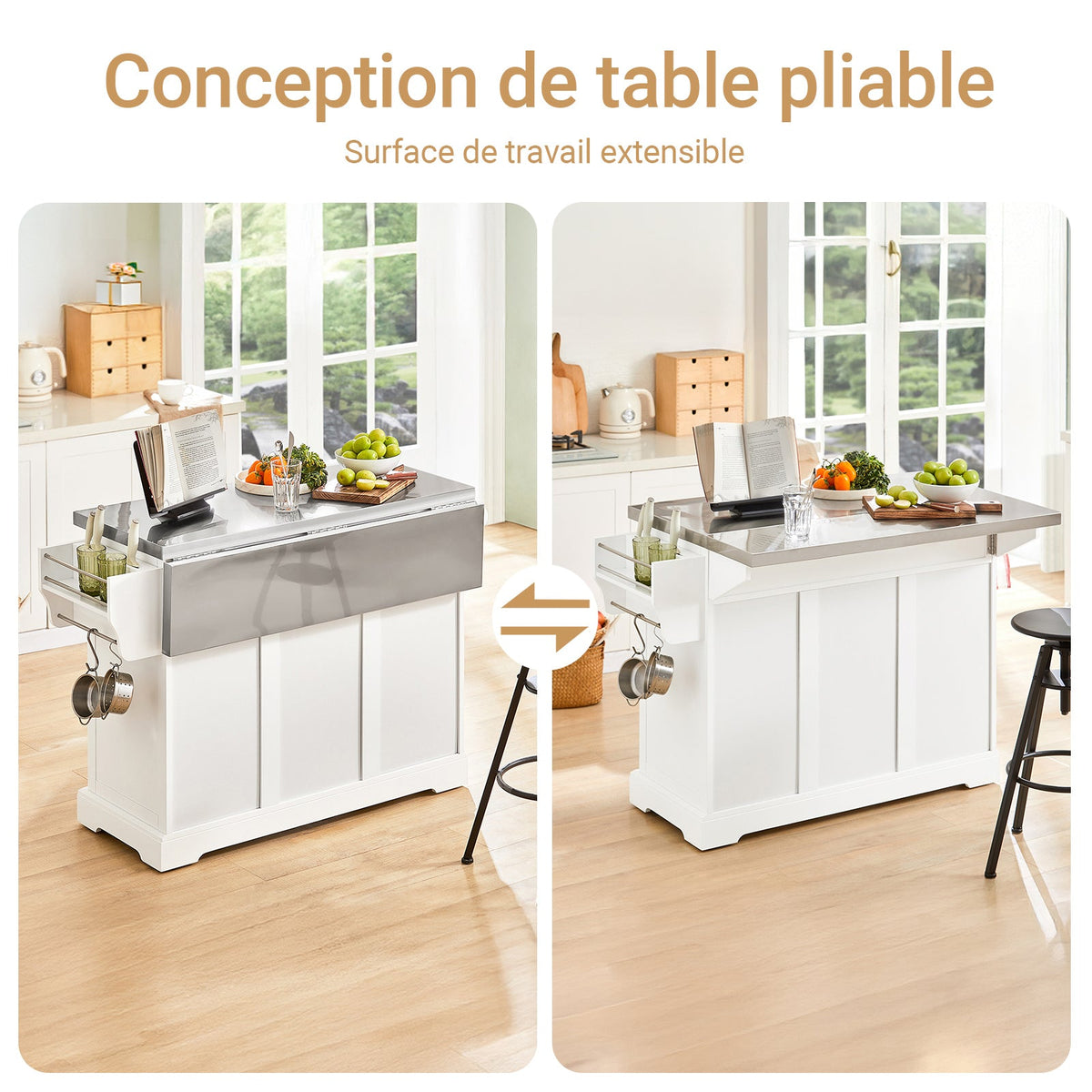 SoBuy FKW41-ST Desserte Cuisine avec Roulettes, Plan de Travail Extensible, 2 Tiroirs et Étagères Réglables, Mobile, Rangement Optimisé – L130×P46(+25)×H91 cm