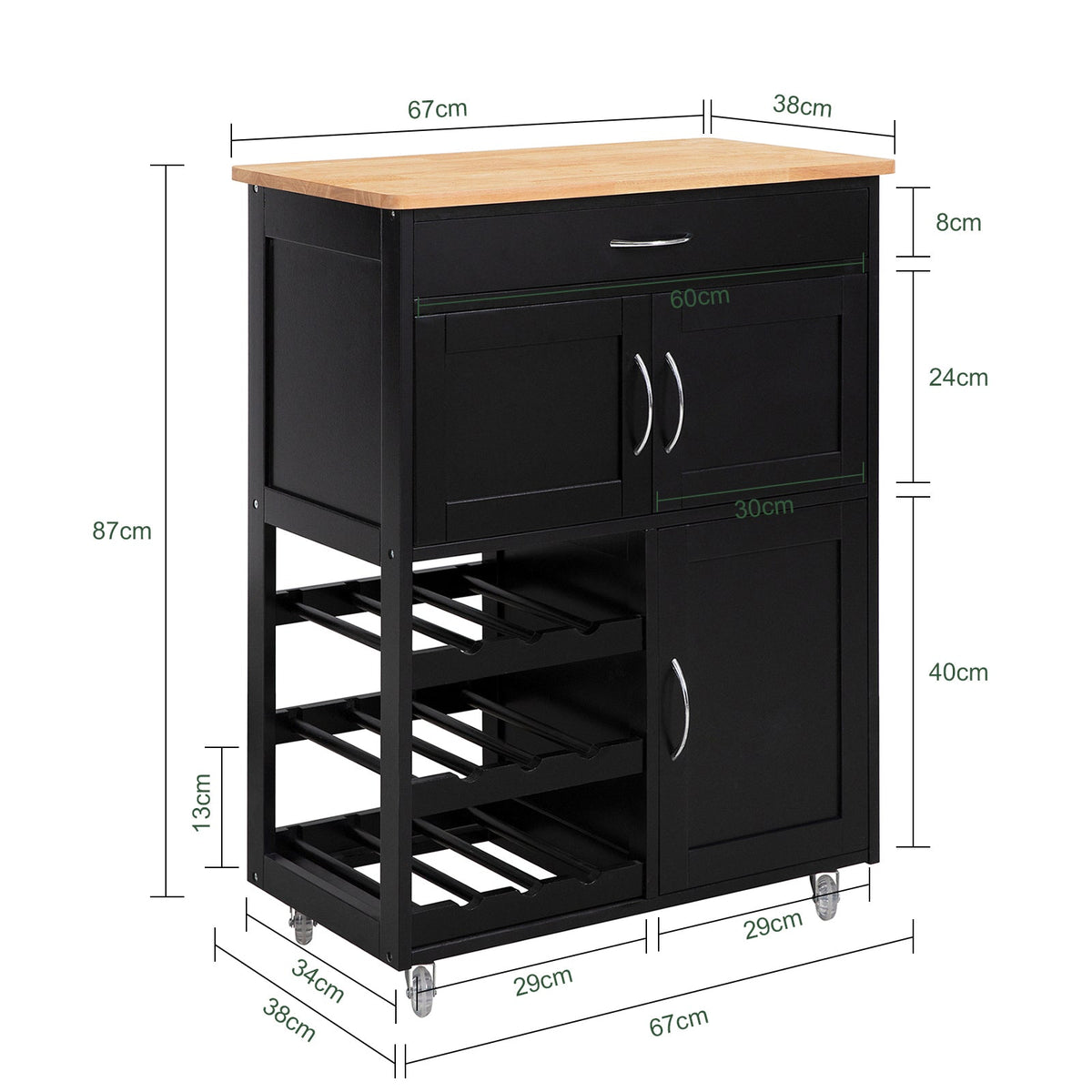 SoBuy FKW45-SCH Desserte de Cuisine sur Roulettes avec Casier à Vin – Plan de Travail Bois Massif, 1 Tiroir, 2 Portes, Noir, 67×38×86 cm