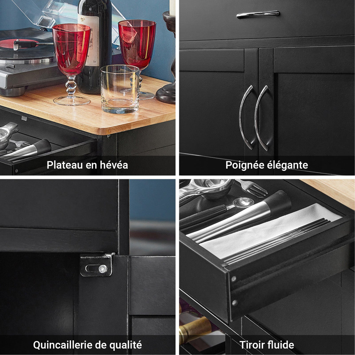 SoBuy FKW45-SCH Desserte de Cuisine sur Roulettes avec Casier à Vin – Plan de Travail Bois Massif, 1 Tiroir, 2 Portes, Noir, 67×38×86 cm