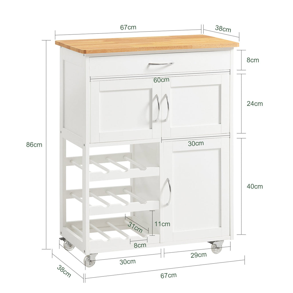 SoBuy FKW45-WN Desserte cuisine bois massif 67 cm avec plan en hévéa, tiroir et casier à vin – Blanc et naturel