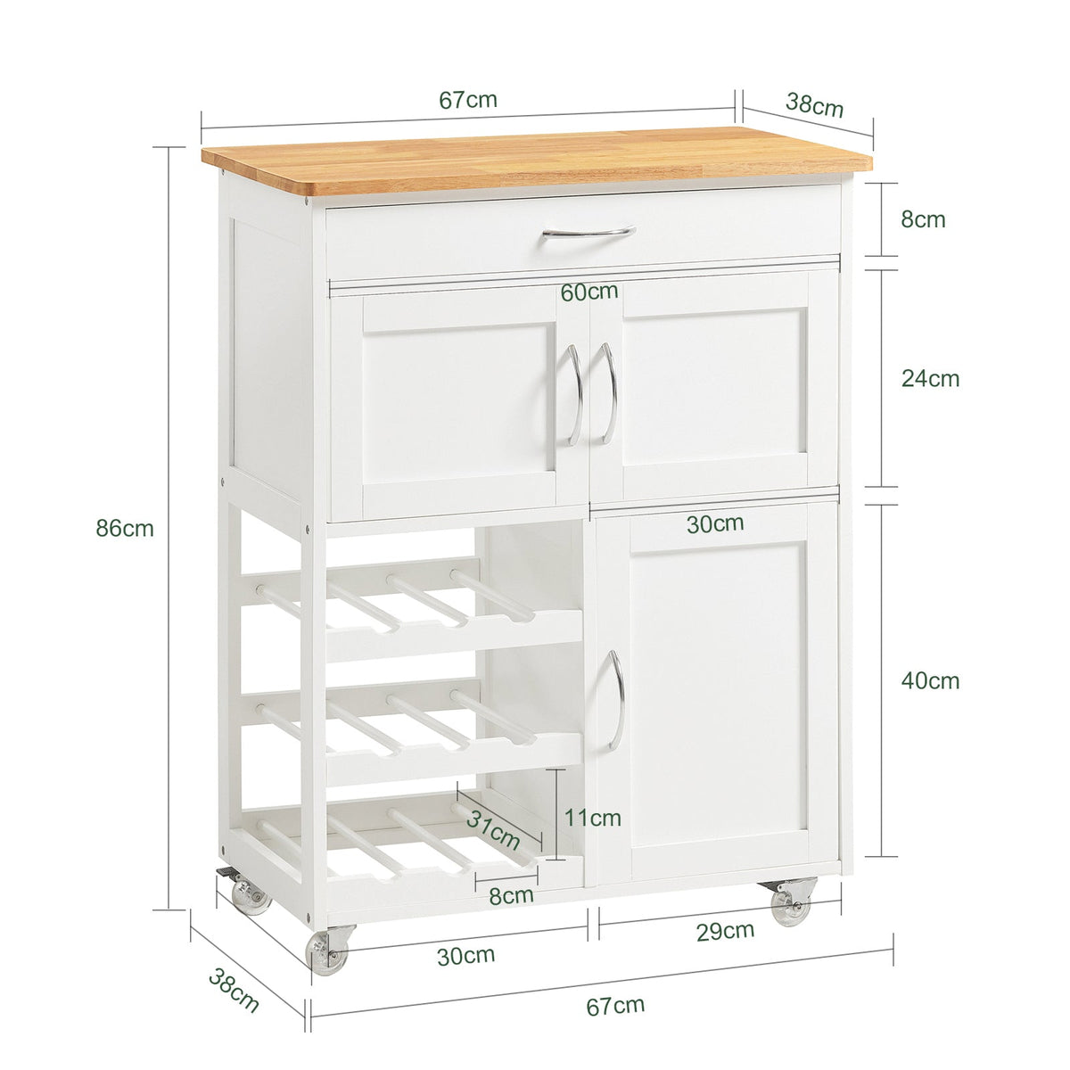 SoBuy FKW45-WN Desserte cuisine bois massif 67 cm avec plan en hévéa, tiroir et casier à vin – Blanc et naturel