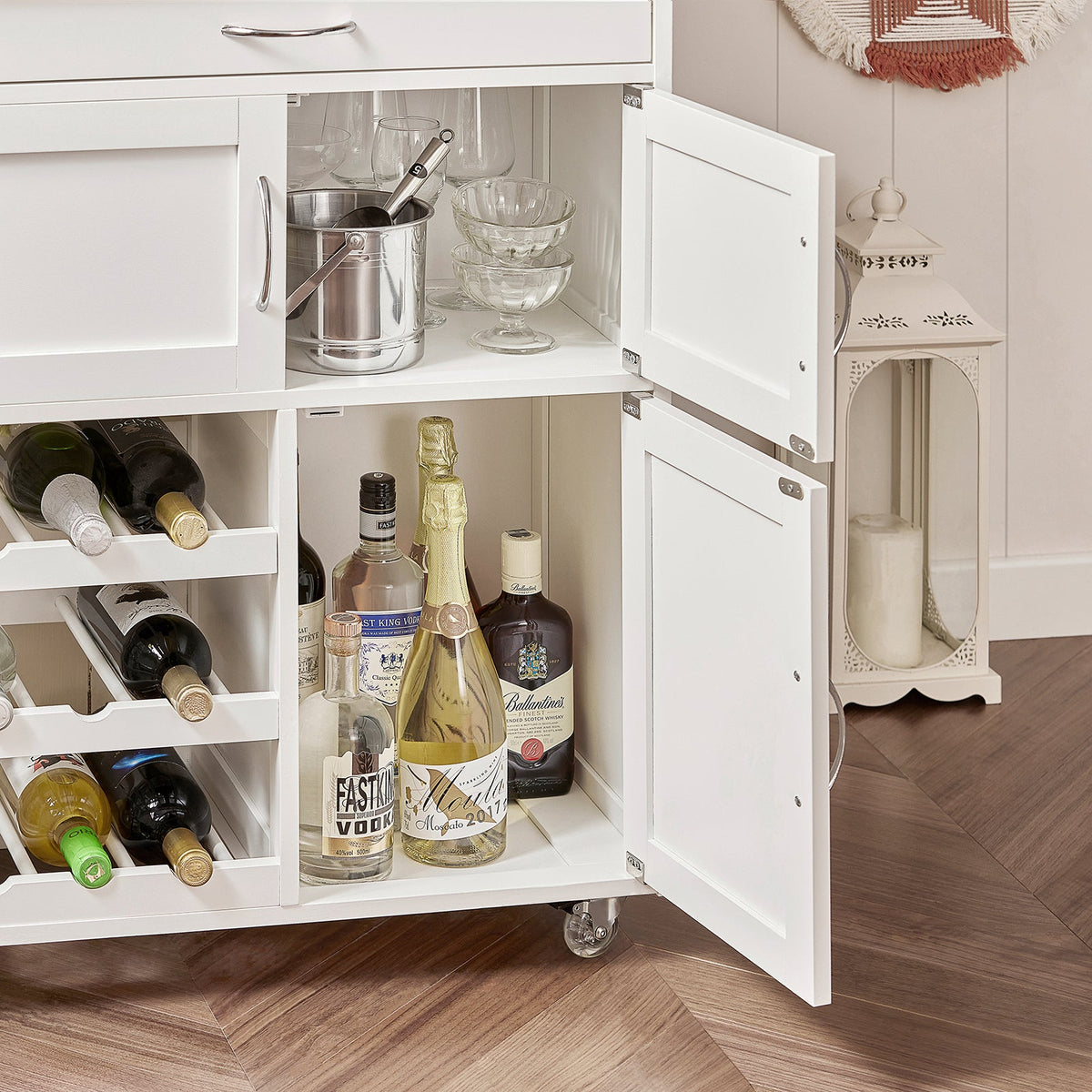 SoBuy FKW45-WN Desserte cuisine bois massif 67 cm avec plan en hévéa, tiroir et casier à vin – Blanc et naturel
