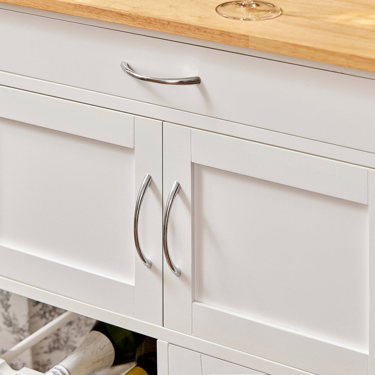 SoBuy FKW45-WN Desserte cuisine bois massif 67 cm avec plan en hévéa, tiroir et casier à vin – Blanc et naturel