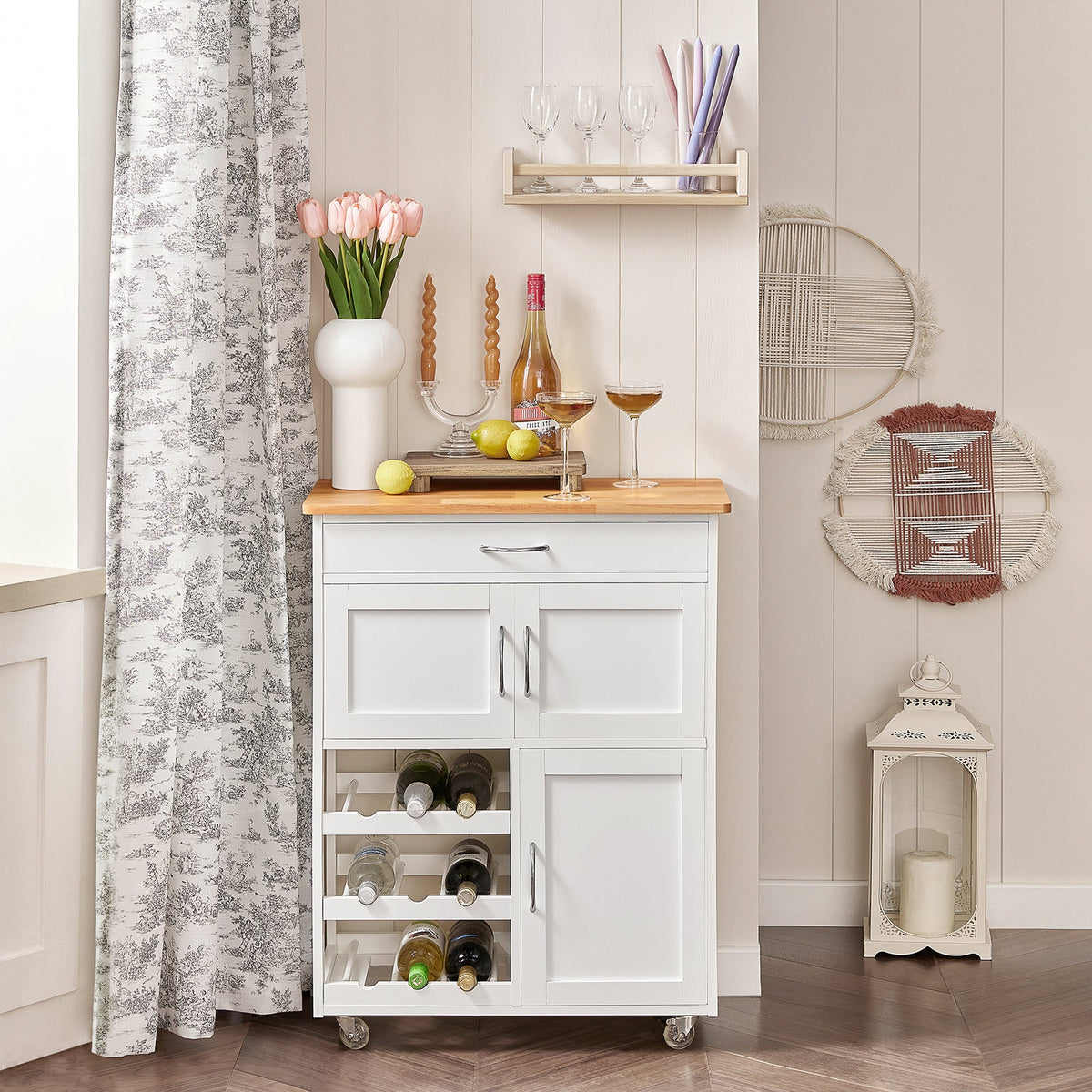 SoBuy FKW45-WN Desserte cuisine bois massif 67 cm avec plan en hévéa, tiroir et casier à vin – Blanc et naturel