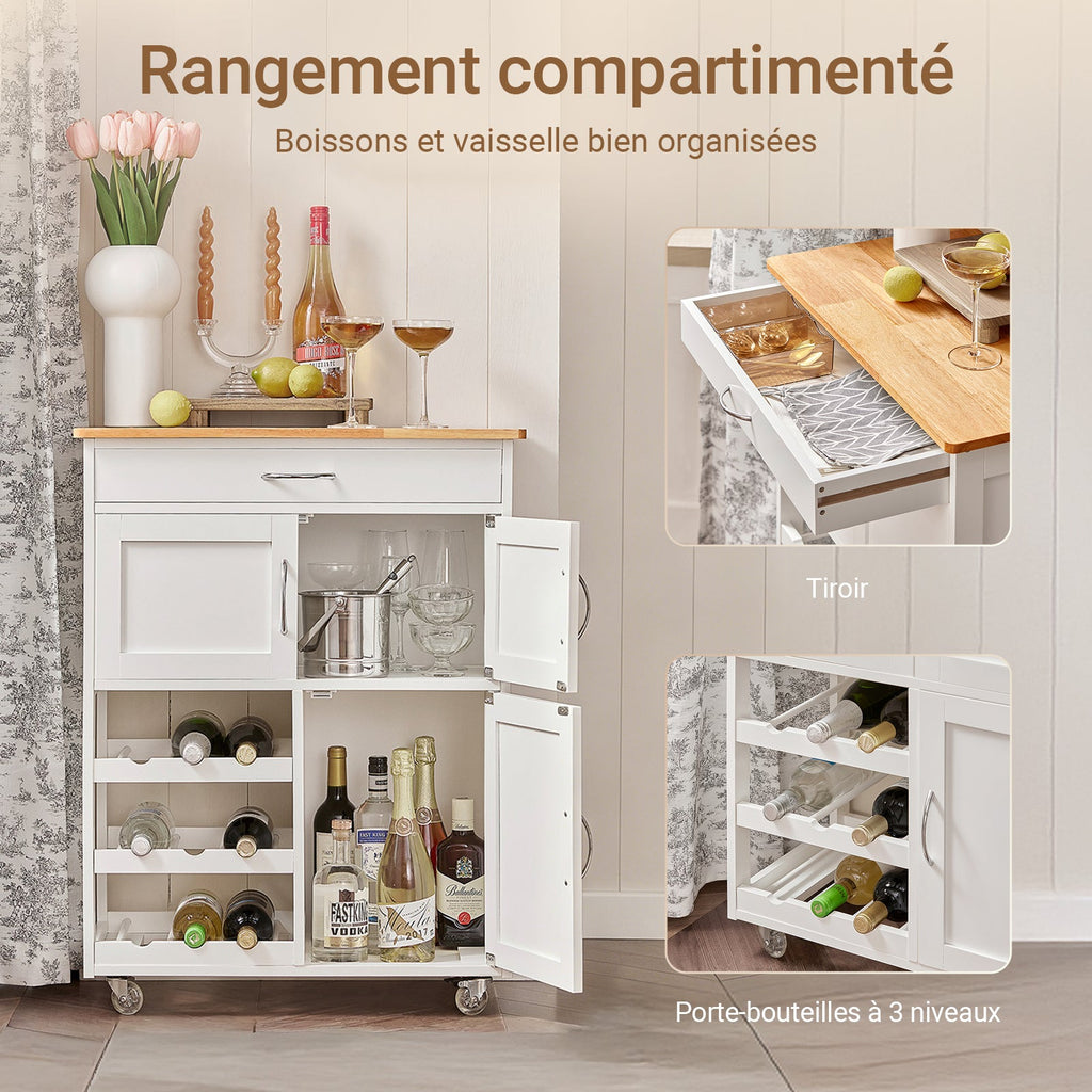 SoBuy FKW45-WN Desserte cuisine bois massif 67 cm avec plan en hévéa, tiroir et casier à vin – Blanc et naturel