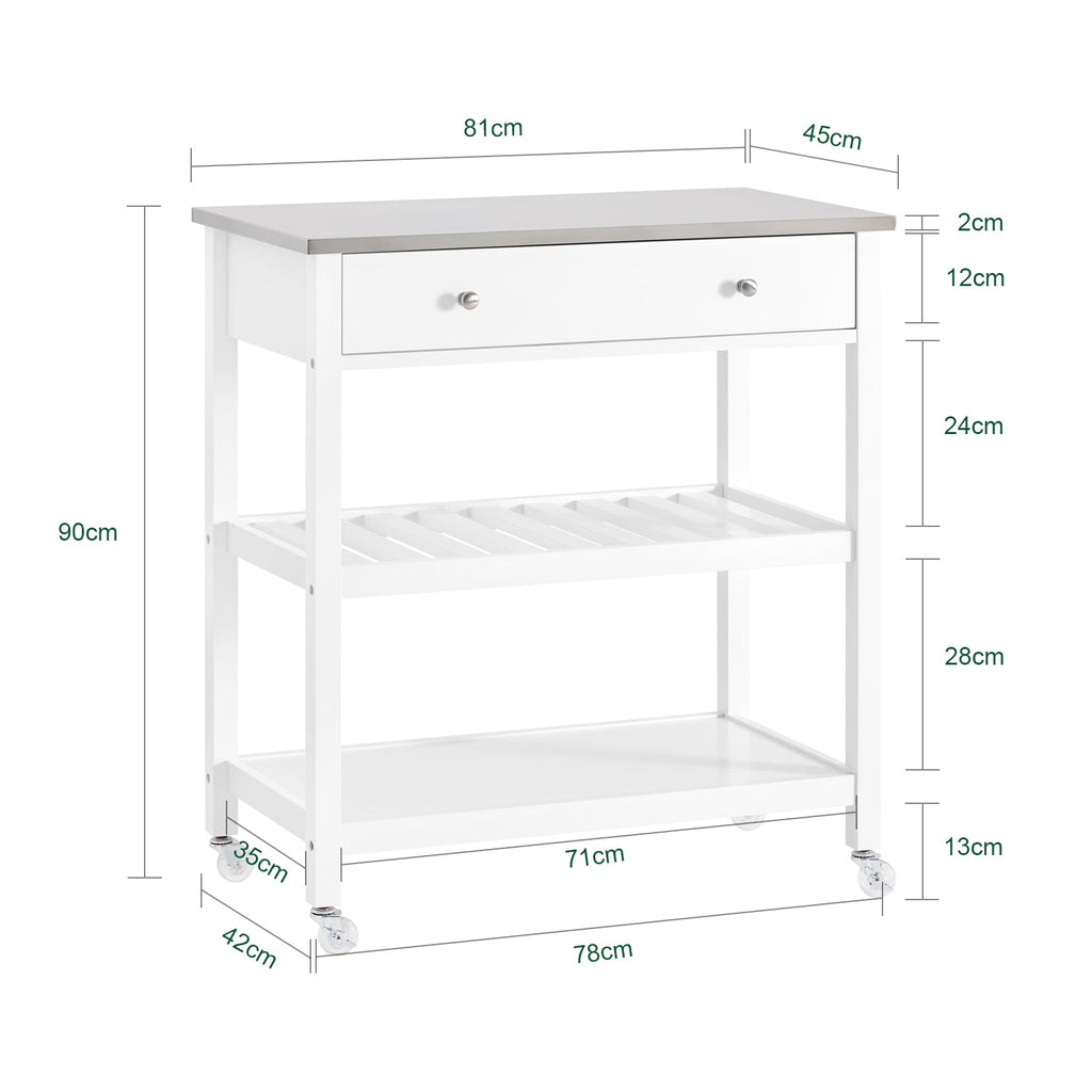SoBuy FKW47-II-W Desserte de Cuisine à Roulettes – Plateau INOX, 1 Tiroir, 2 Étagères, Blanc