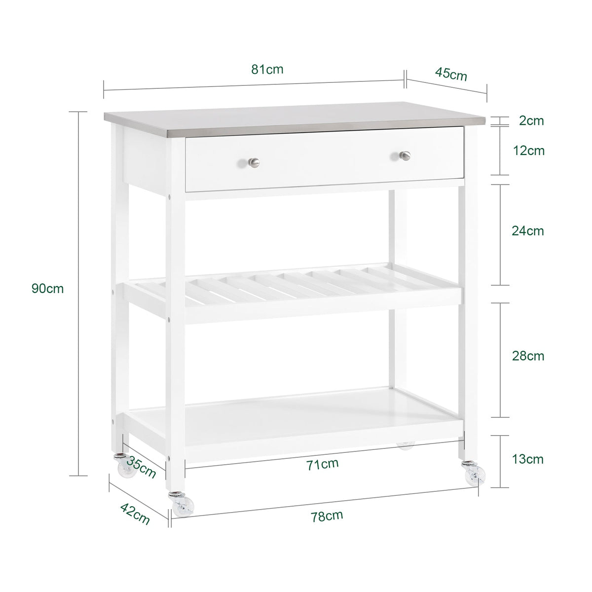 SoBuy FKW47-II-W Desserte de Cuisine à Roulettes – Plateau INOX, 1 Tiroir, 2 Étagères, Blanc