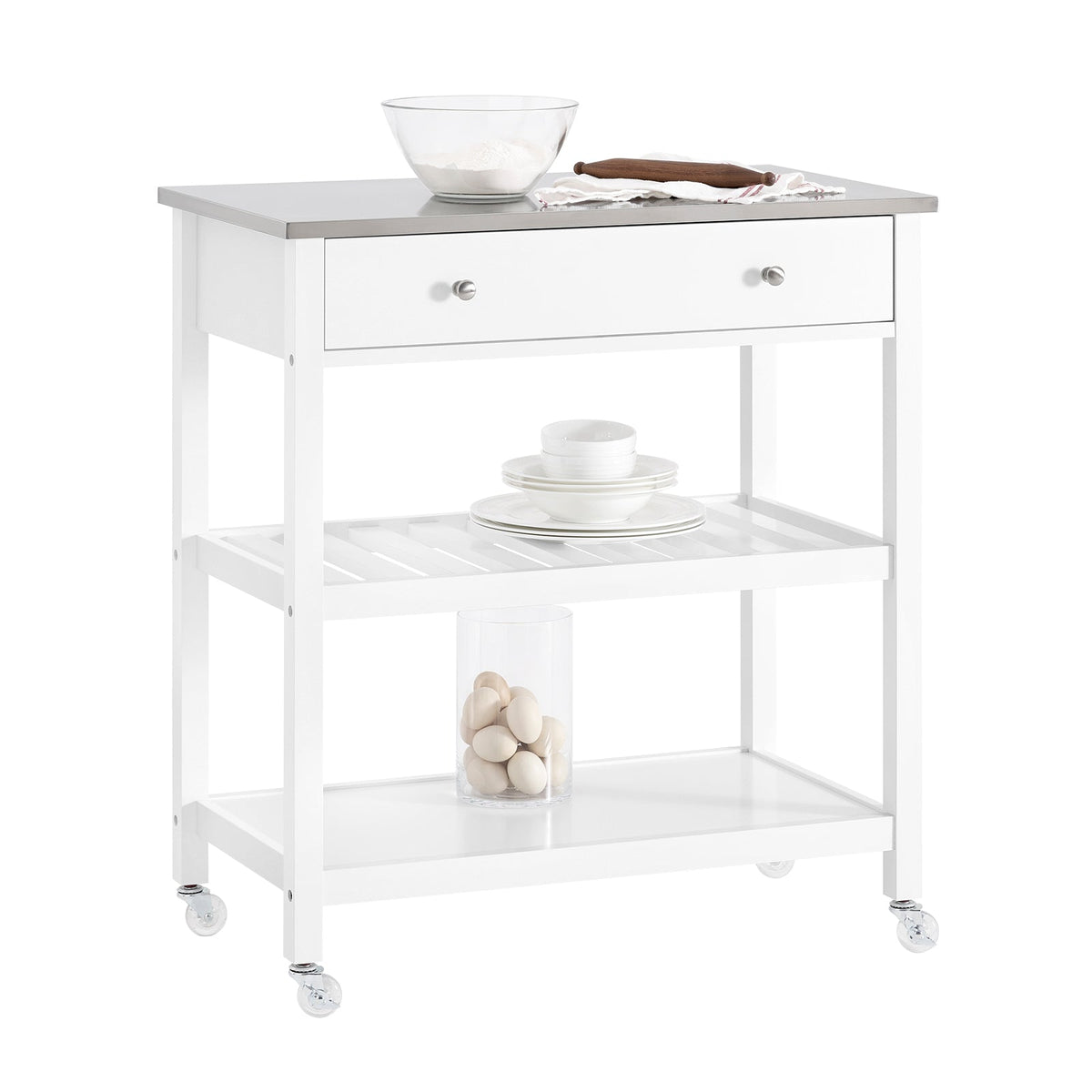 SoBuy FKW47-II-W Desserte de Cuisine à Roulettes – Plateau INOX, 1 Tiroir, 2 Étagères, Blanc