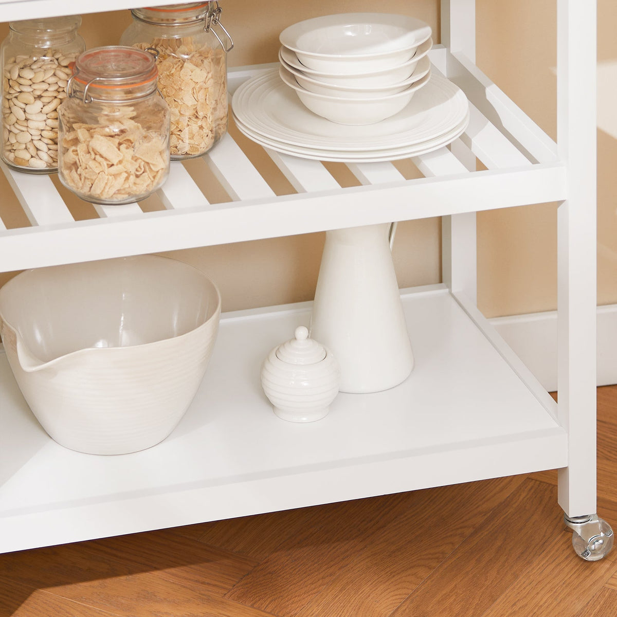 SoBuy FKW47-II-W Desserte de Cuisine à Roulettes – Plateau INOX, 1 Tiroir, 2 Étagères, Blanc