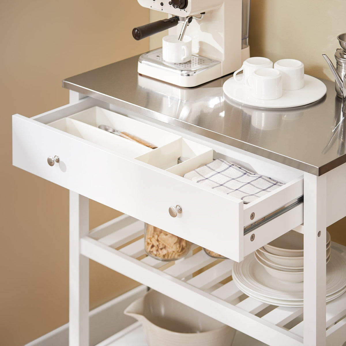 SoBuy FKW47-II-W Desserte de Cuisine à Roulettes – Plateau INOX, 1 Tiroir, 2 Étagères, Blanc