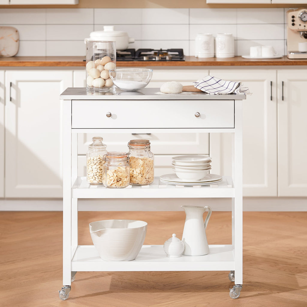 SoBuy FKW47-II-W Desserte de Cuisine à Roulettes – Plateau INOX, 1 Tiroir, 2 Étagères, Blanc