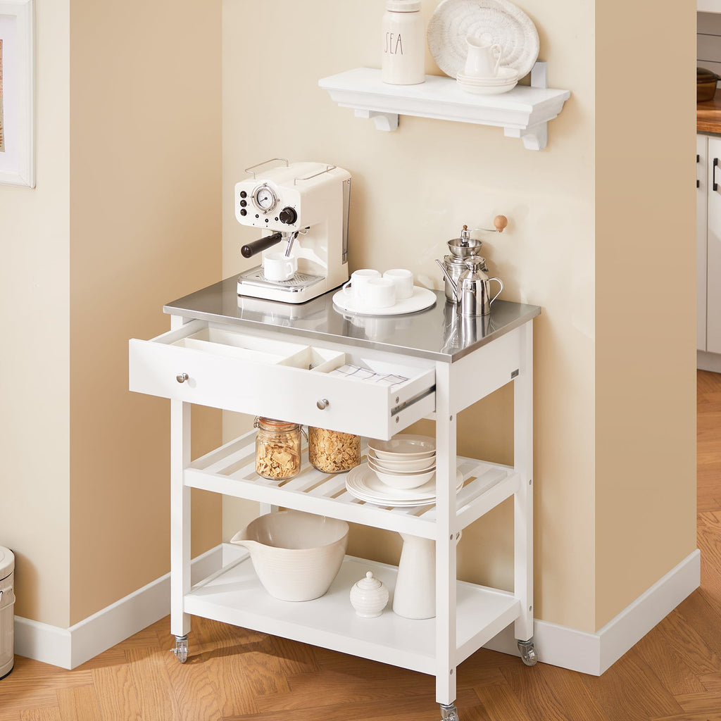 SoBuy FKW47-II-W Desserte de Cuisine à Roulettes – Plateau INOX, 1 Tiroir, 2 Étagères, Blanc