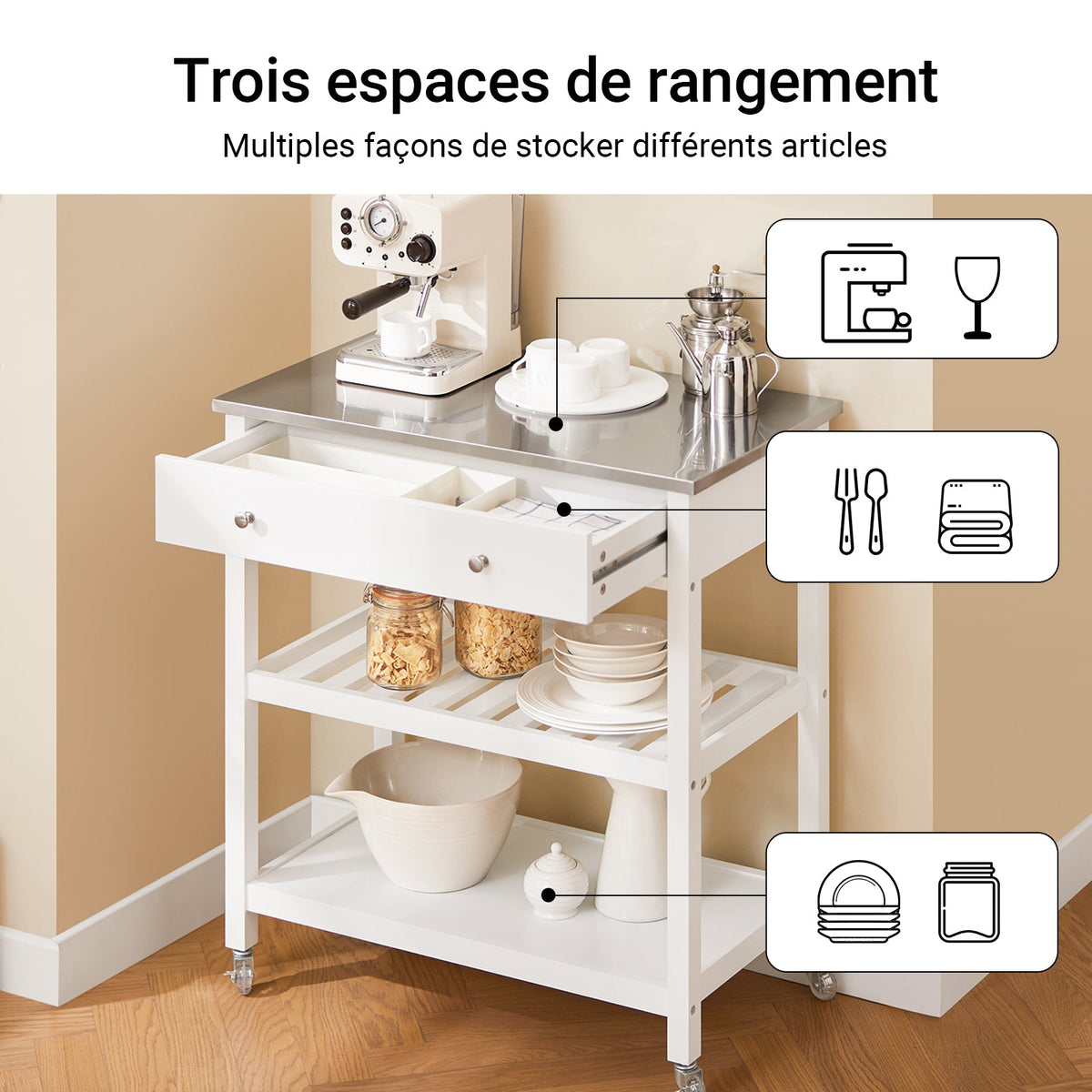 SoBuy FKW47-II-W Desserte de Cuisine à Roulettes – Plateau INOX, 1 Tiroir, 2 Étagères, Blanc