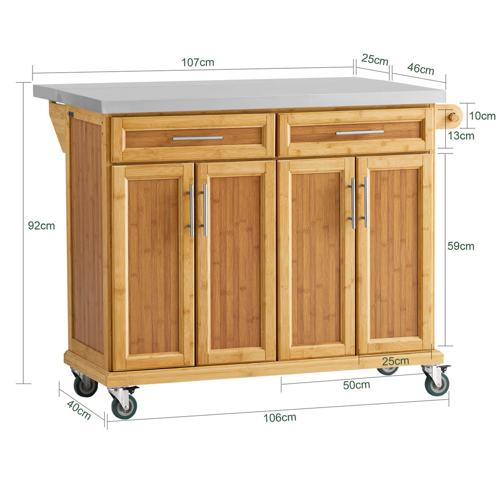 SoBuy FKW69-N Desserte de Cuisine à Roulettes, Plan de Travail INOX Extensible 46→71cm, 2 Tiroirs, Étagères Réglables, Charge 100 kg – 115x46x92 cm
