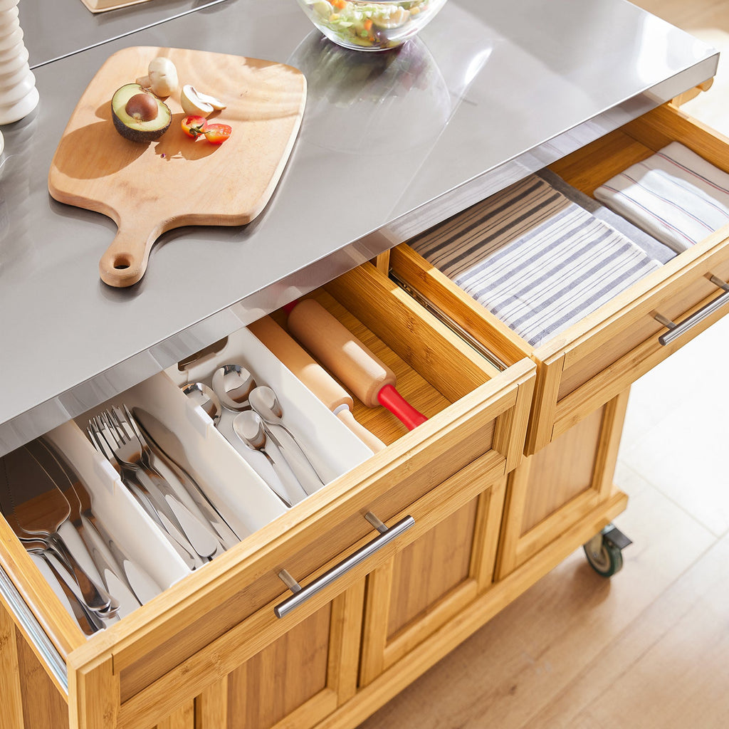 SoBuy FKW69-N Desserte de Cuisine à Roulettes, Plan de Travail INOX Extensible 46→71cm, 2 Tiroirs, Étagères Réglables, Charge 100 kg – 115x46x92 cm