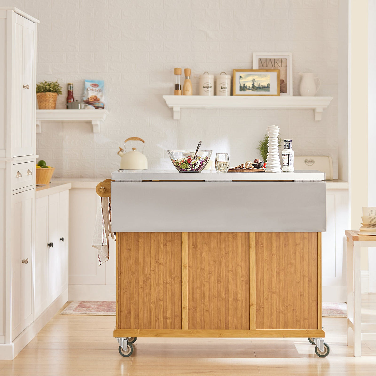 SoBuy FKW69-N Desserte de Cuisine à Roulettes, Plan de Travail INOX Extensible 46→71cm, 2 Tiroirs, Étagères Réglables, Charge 100 kg – 115x46x92 cm