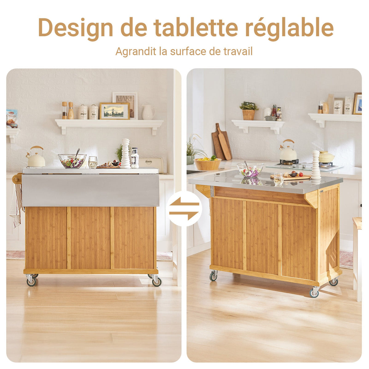 SoBuy FKW69-N Desserte de Cuisine à Roulettes, Plan de Travail INOX Extensible 46→71cm, 2 Tiroirs, Étagères Réglables, Charge 100 kg – 115x46x92 cm