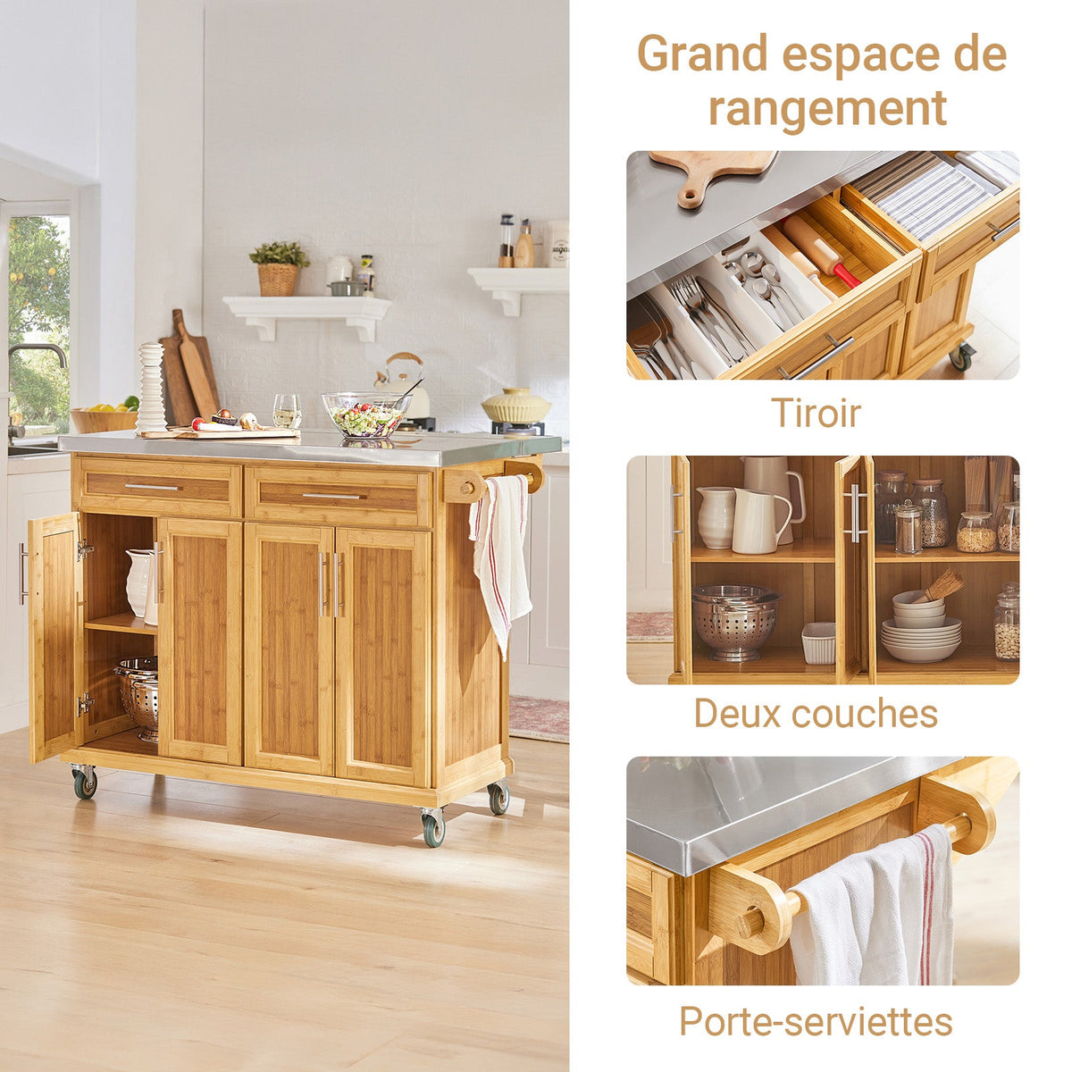 SoBuy FKW69-N Desserte de Cuisine à Roulettes, Plan de Travail INOX Extensible 46→71cm, 2 Tiroirs, Étagères Réglables, Charge 100 kg – 115x46x92 cm