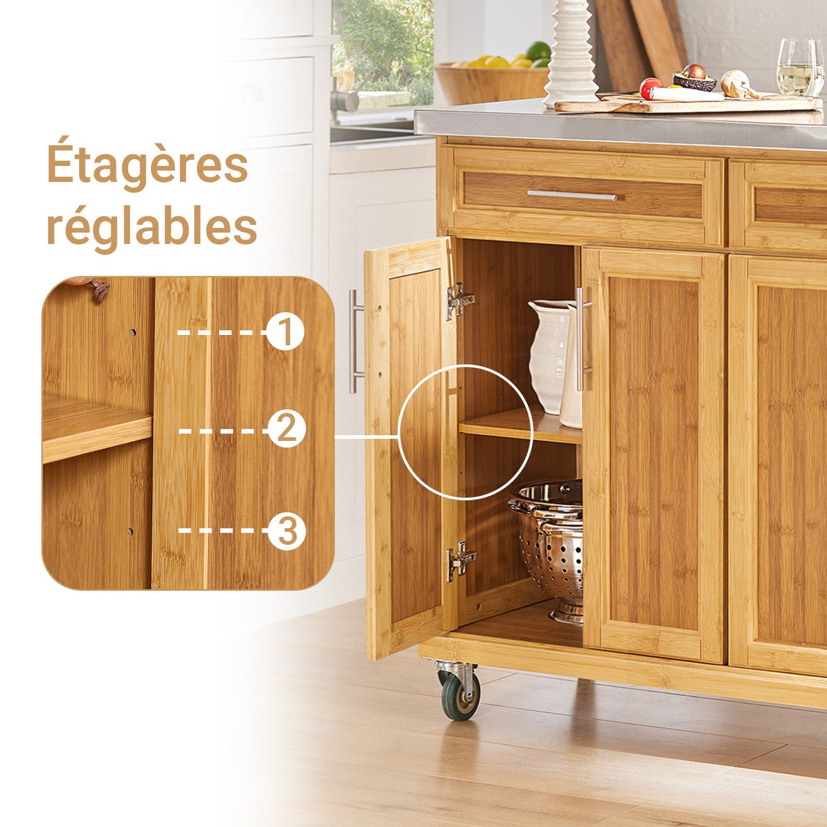 SoBuy FKW69-N Desserte de Cuisine à Roulettes, Plan de Travail INOX Extensible 46→71cm, 2 Tiroirs, Étagères Réglables, Charge 100 kg – 115x46x92 cm
