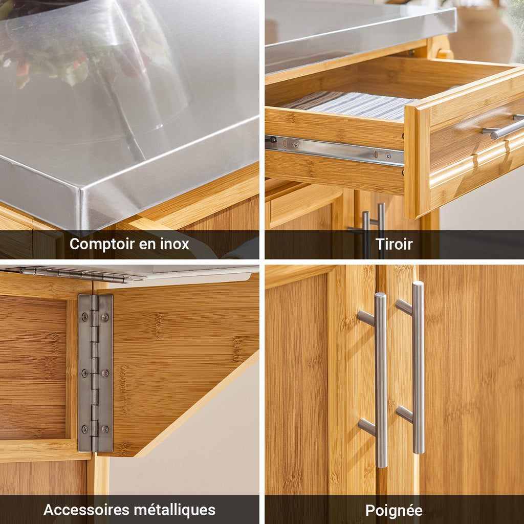 SoBuy FKW69-N Desserte de Cuisine à Roulettes, Plan de Travail INOX Extensible 46→71cm, 2 Tiroirs, Étagères Réglables, Charge 100 kg – 115x46x92 cm