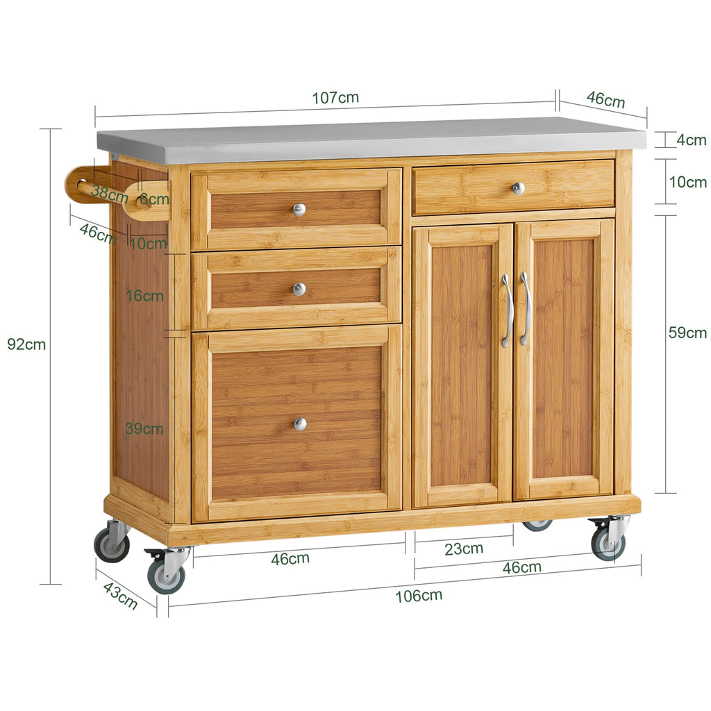 SoBuy FKW70-N Îlot Central de Cuisine sur Roulettes, Plan de Travail INOX, 4 Tiroirs, Chariot Mobile avec Rangement – 115x46x92cm, Naturel