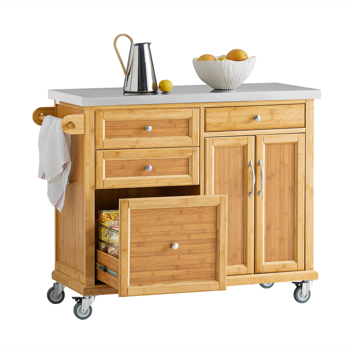 SoBuy FKW70-N Îlot Central de Cuisine sur Roulettes, Plan de Travail INOX, 4 Tiroirs, Chariot Mobile avec Rangement – 115x46x92cm, Naturel