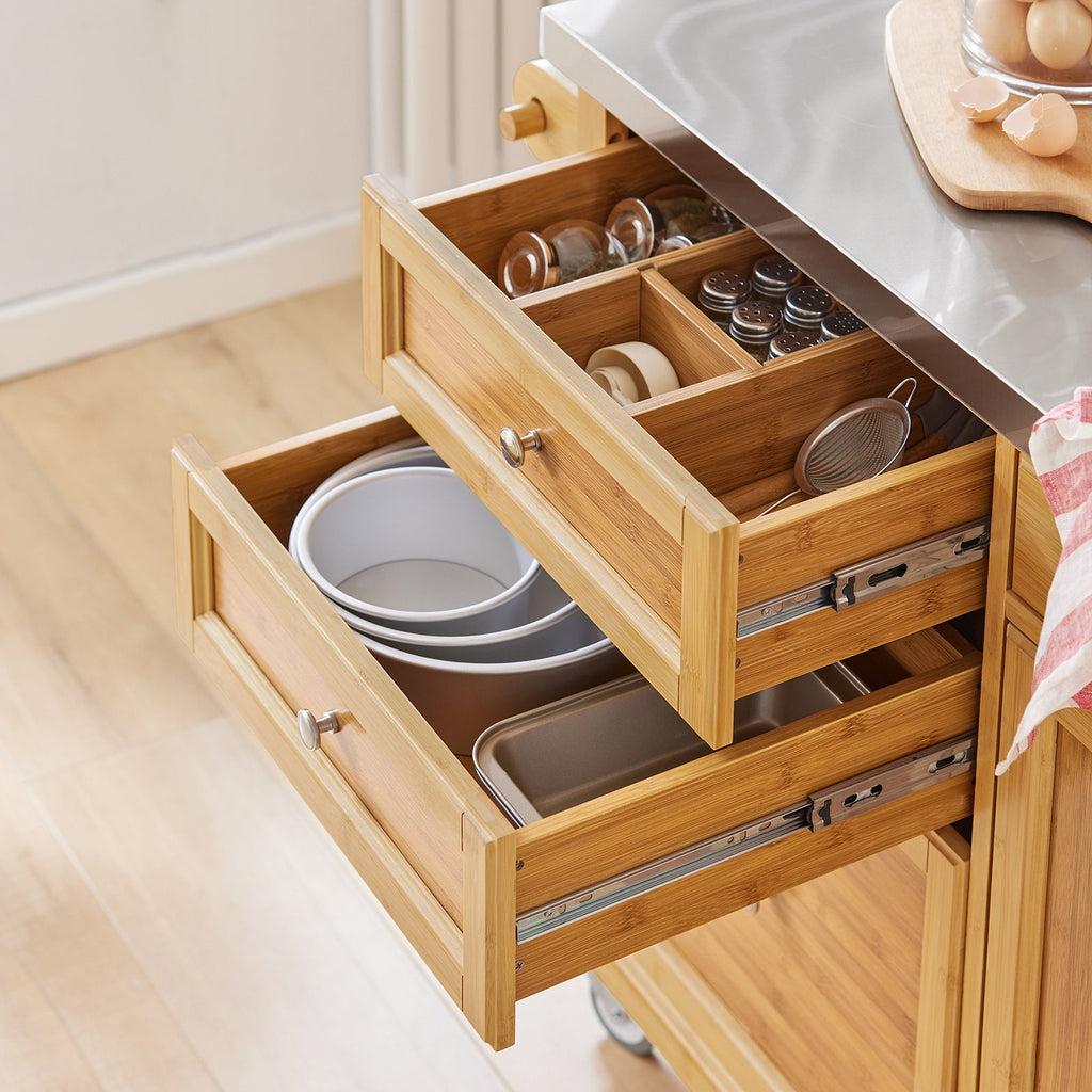 SoBuy FKW70-N Îlot Central de Cuisine sur Roulettes, Plan de Travail INOX, 4 Tiroirs, Chariot Mobile avec Rangement – 115x46x92cm, Naturel