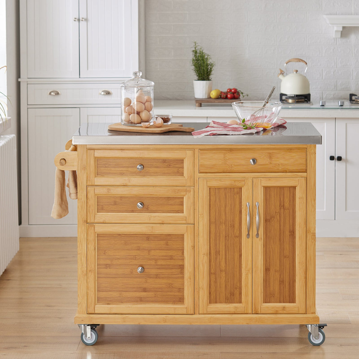 SoBuy FKW70-N Îlot Central de Cuisine sur Roulettes, Plan de Travail INOX, 4 Tiroirs, Chariot Mobile avec Rangement – 115x46x92cm, Naturel