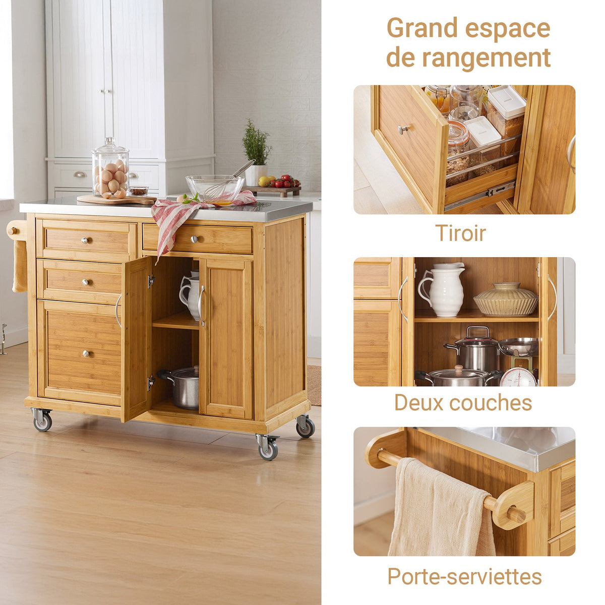 SoBuy FKW70-N Îlot Central de Cuisine sur Roulettes, Plan de Travail INOX, 4 Tiroirs, Chariot Mobile avec Rangement – 115x46x92cm, Naturel