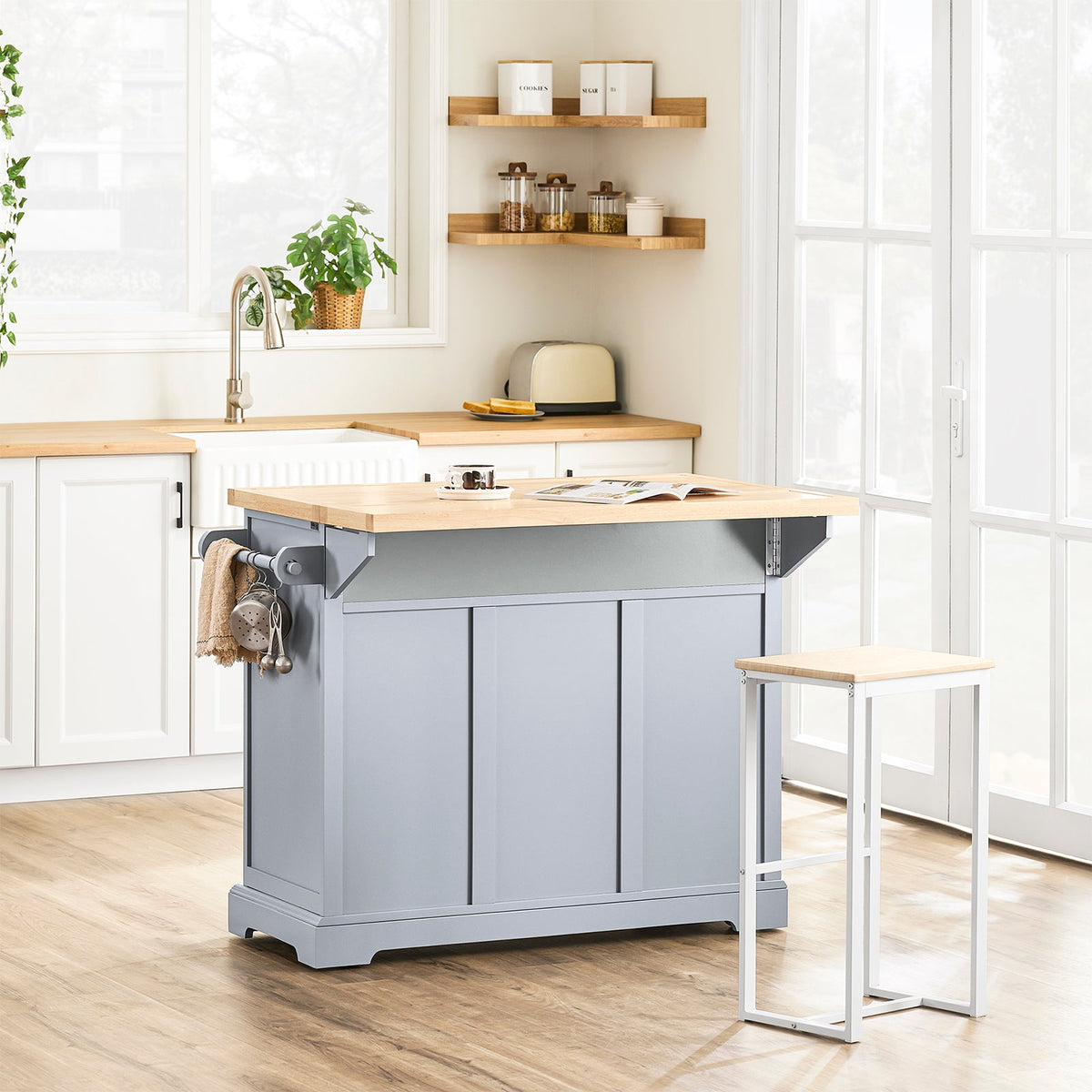 SoBuy FKW71-II-HG Îlot Cuisine Mobile avec Plan Extensible – Gain de Place, Gris