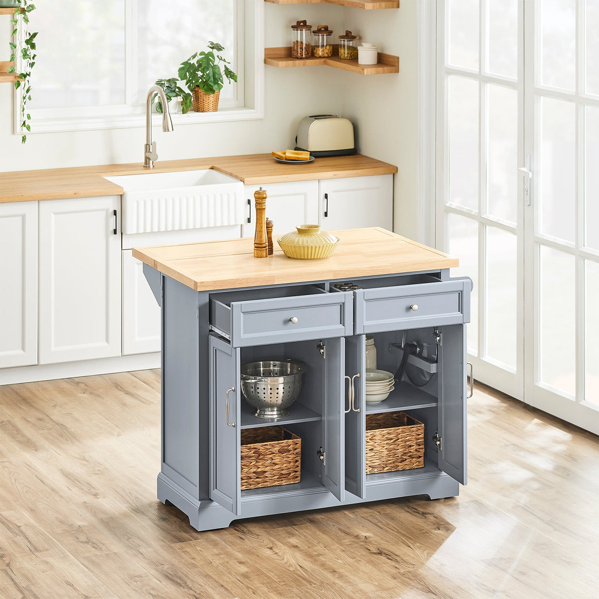 SoBuy FKW71-II-HG Îlot Cuisine Mobile avec Plan Extensible – Gain de Place, Gris