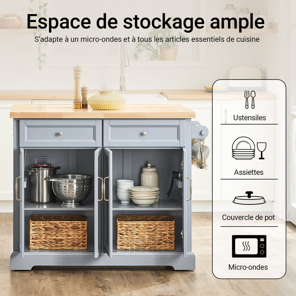 SoBuy FKW71-II-HG Îlot Cuisine Mobile avec Plan Extensible – Gain de Place, Gris