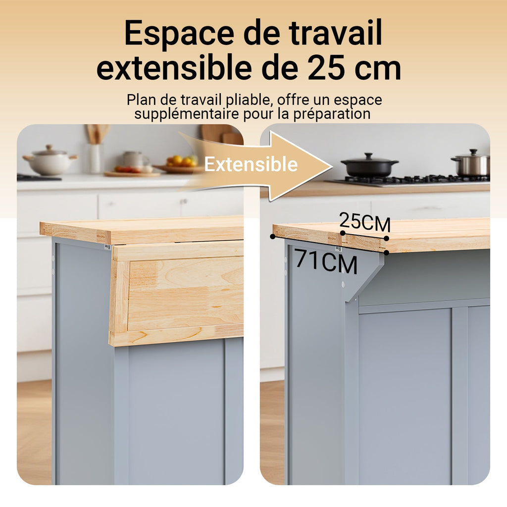 SoBuy FKW71-II-HG Îlot Cuisine Mobile avec Plan Extensible – Gain de Place, Gris