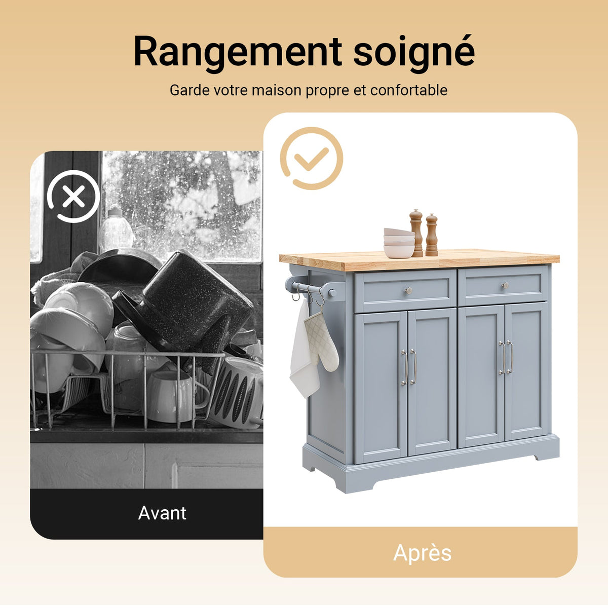 SoBuy FKW71-II-HG Îlot Cuisine Mobile avec Plan Extensible – Gain de Place, Gris